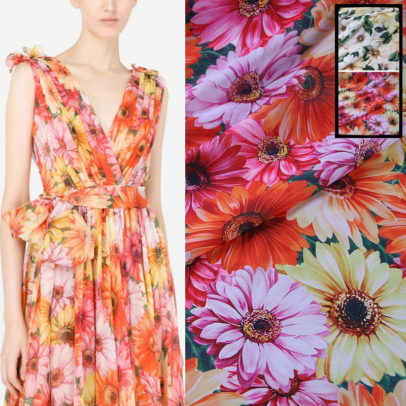 

Brand 100% Polyester Daisy Floral Print Chiffon Fabric See-through Thin Clothing Big Skirt Shirt Diy Fabric Cloth by the Meter