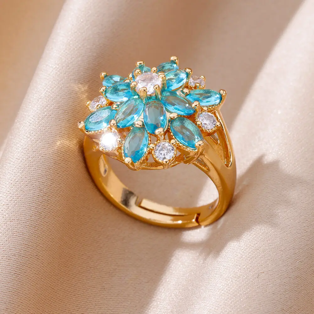 

Trendy Blue Zircon Rings For Women Open Adjustable Gold Color Stainless Steel Finger Shiny Ring Elegant Jewelry Party Gift New