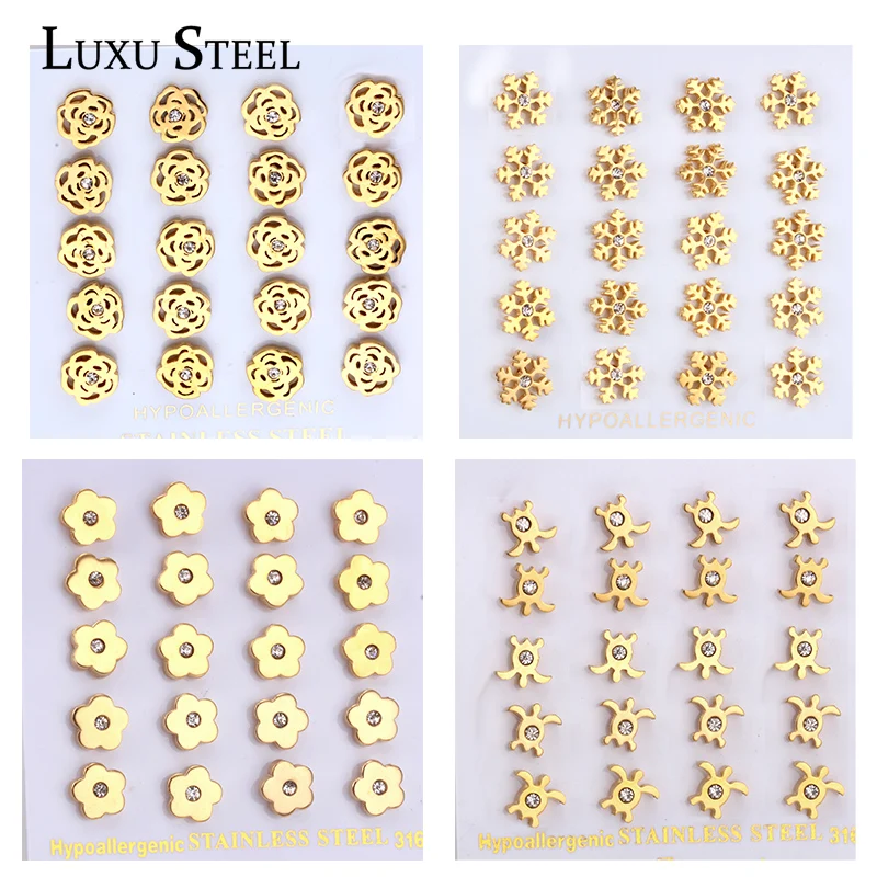 Фото LUXUSTEEL 10 пар изящных фотографий для женщин девушек золотого цвета из нержавеющей стали маленькие блестящие хрустальные цветы сердце пирсинг... №1