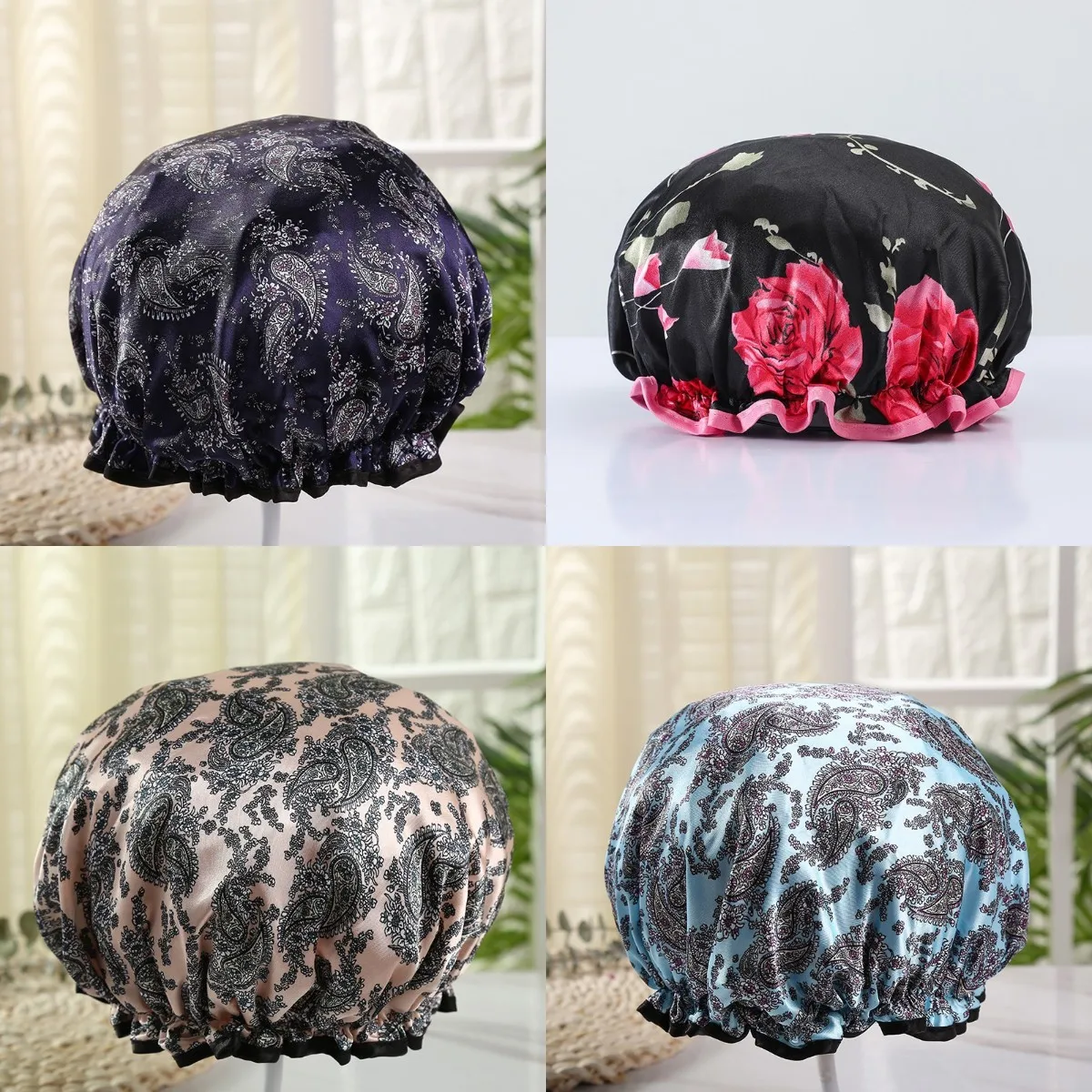 

Adult Double Layer Environmental Protection PEVA Printing Satin Waterproof High Quality Shampoo Bath Cap Anti-Fume Shower Cap
