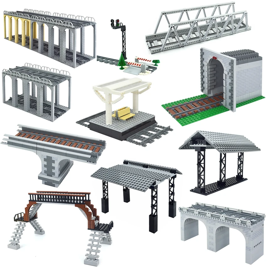 

Конструктор MOC, детали для города, поезда, моста с треками, железной дороги, светофора, знак, блок, Рычажная станция, Обучающие детали «сделай сам»