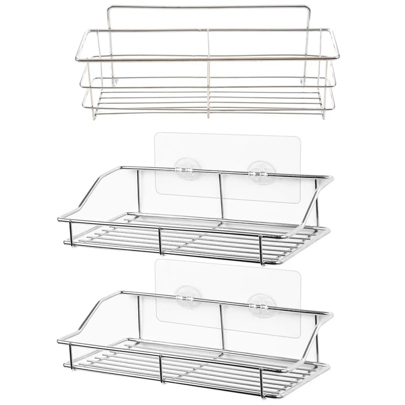 

1Pcs STAINLESS STEEL BATHROOM SHELF STORAGE SUCTION BASKET & 2Pcs Bathroom Shelf, No Drilling Storage Organizer Rack