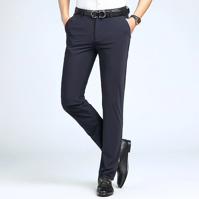 

2023 Summer New Men's Casual Suit Pants High Elastic Ice Silk Fabric Straight Non-Ironing Solid Color Business Trousers Men