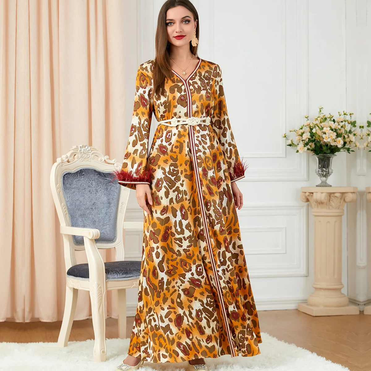 

Wepbel Caftan Abaya V-neck Long Sleeve Printed Dress Casual Muslim Dress Women Islamic Clothing Robe Autumn Kaftan Jalabiya