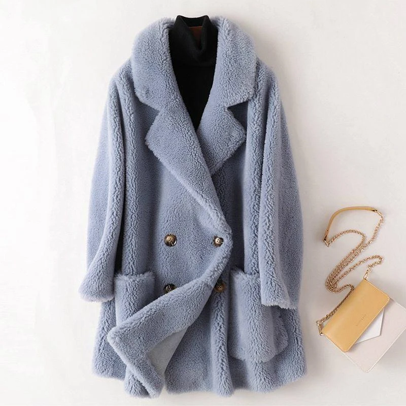 

Real Fur Coat High Quality Australian Womens Wool Coats Thick Warm Elegant Loose Large Size Long Outwear Winter Coat For Women