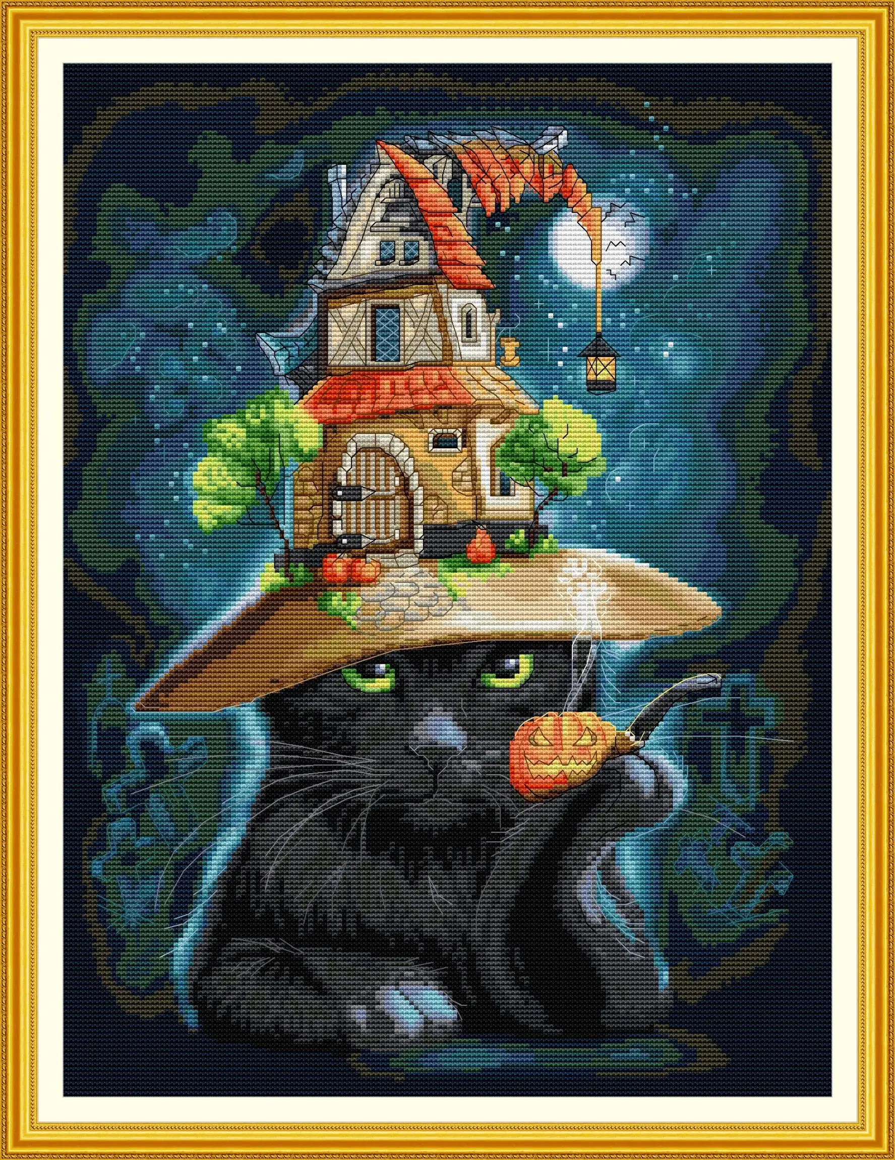 

Joy Sunday Pre-printed Cross Stitch Kit DIY Easy Pattern Aida 14/11CT Stamped Fabric Embroidery Set-Cat Wizard 2