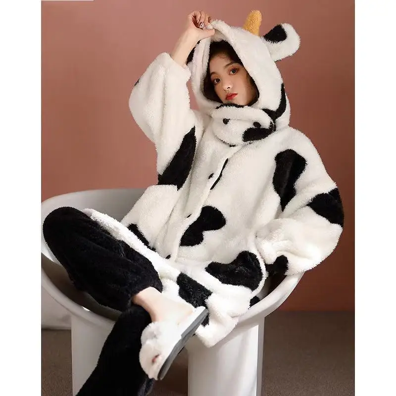 Women Winter Robes Home Clothes Flannel Sleepwear Girls Animal Fleece Pajamas Female Cartoon Cow Thick Hooded Nightgown Kawaii