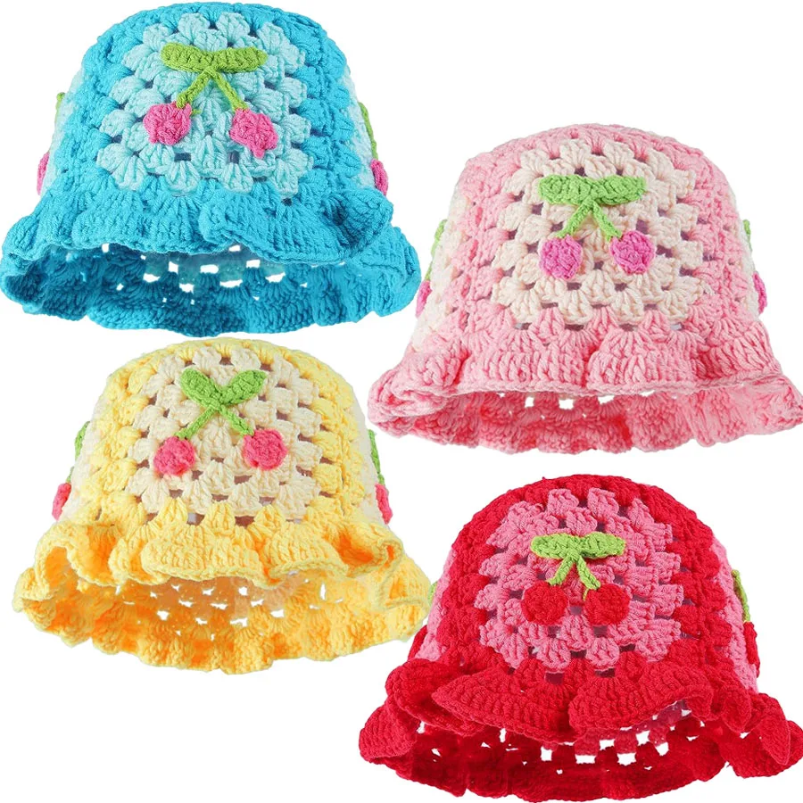 

Cute Crochet Bucket Hat Handmade Cherry Beanies Floral Hat Summer Beach Fisherman Portable Knitted Elastic Hat for Women Girls