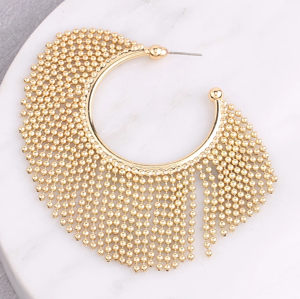 Металлические серьги с кисточками из рисовых бусин модные круглые длинные для