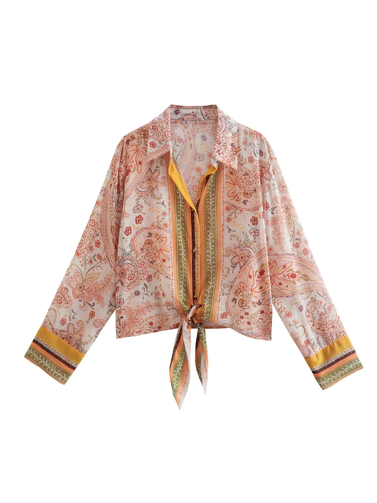 

MESTTRAF Sexy Design 2022 Women With Tied Bow Print Blouses Vintage Long Sleeve Button-up Female Shirts Blusas Chic Tops