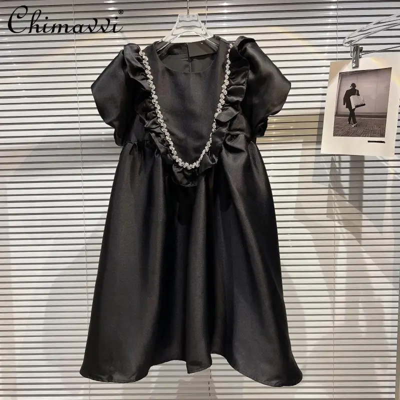 

2022 Spring New Heavy V-Shaped Rhinestone Beaded Edge Pleated Dress Fashion Waist-Controlled Short Sleeve Elegant Dress Women