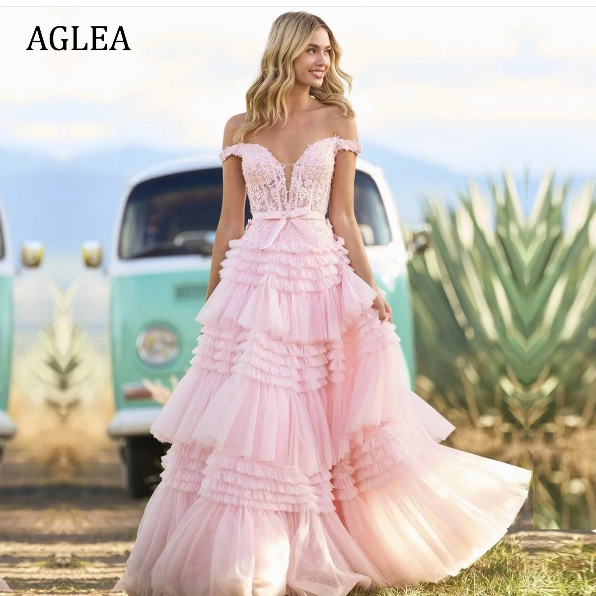 

AGLEA Evening Dresses Formal Occasion Elegant Party for Women Prom Floor Length Off-the-shoulder Lace Sash A-line Tiered Empire