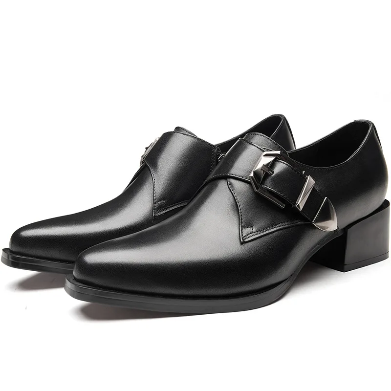 

Mens Genuine Leather Dress Shoes with High Heels 2022 Man Daily Black Business Office Work Height Increase Shoes Buckle No Laces