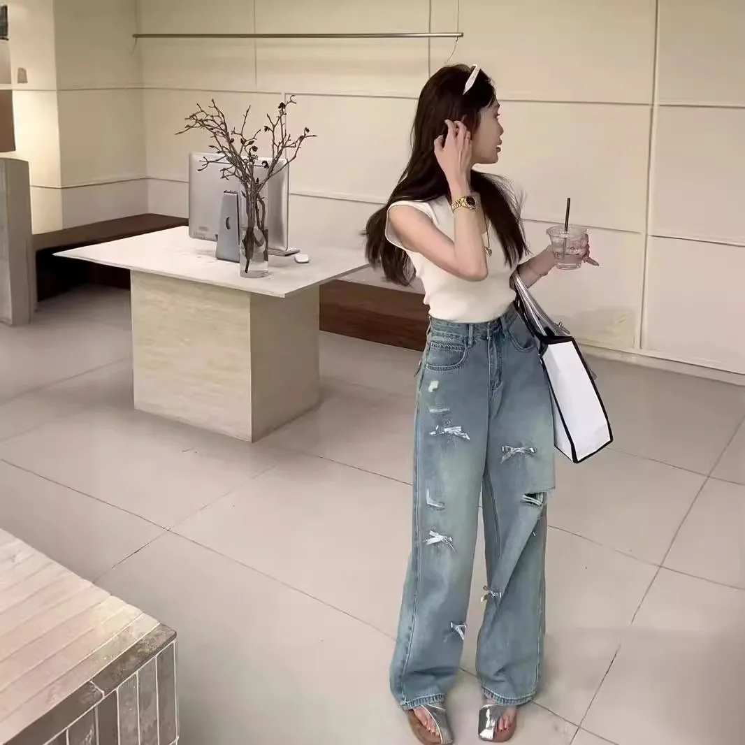 Американские винтажные прямые джинсы с высокой талией и бантом для женщин