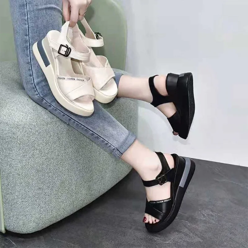 

2022 Summer women's Wedge Sandals Solid Color Open Toe Women Shoes Casual Outdoor Walk Ladies Buckle Strap Female Sandalias