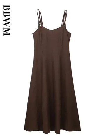 Linen Strap Dress Woman 2023 Summer Sleeveless Long Dresses Brown Beach Midi Dresses Chic Female Fashion Casual New Dress