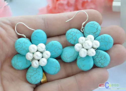 

lady's fashionable 40mm blue bead white pearl flower earring