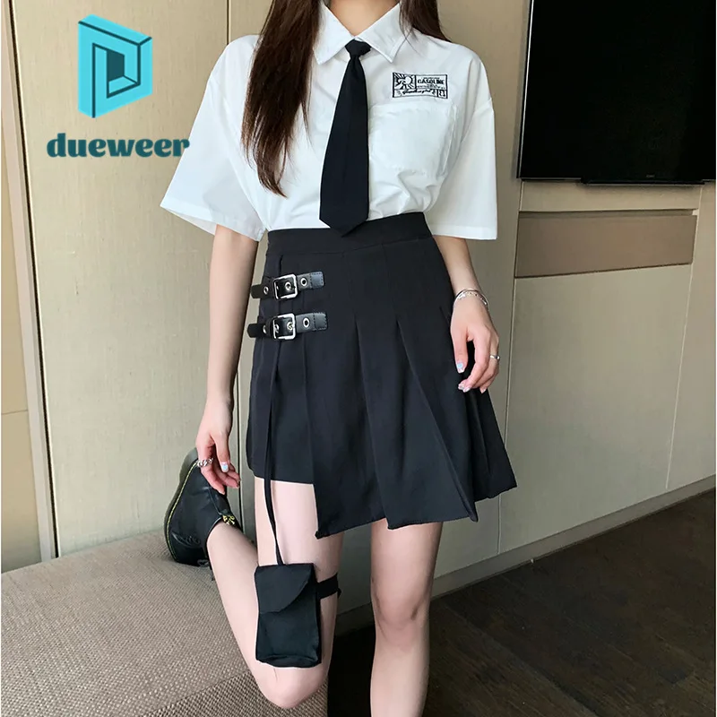

DUEWEER Black Cargo High Waist Pleated Skirt Women's Summer Punk Irregular JK Uniform A Line Mini Wrap Skirt Gothic Streetwear