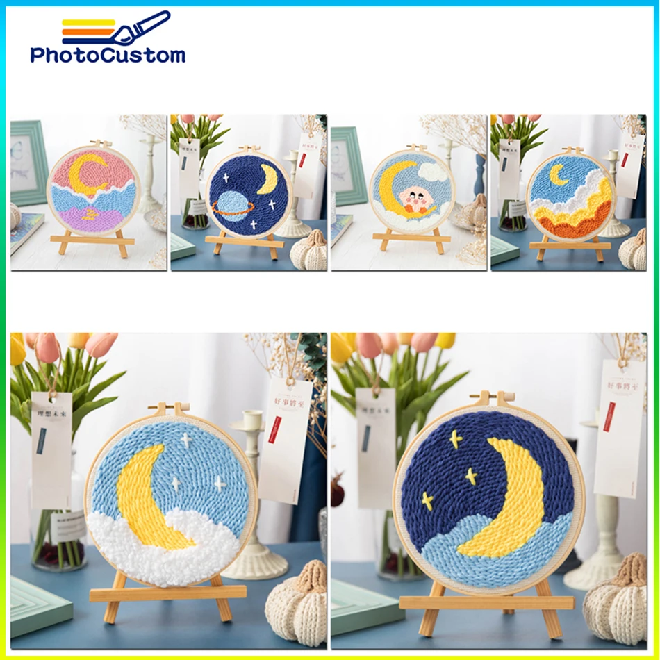 

PhotoCustom Punch Needle Moon Landscape Diy Crafts Punch Needle Embroidery Kit Cartoon Pattern Easy Embroidery Set Home Decor