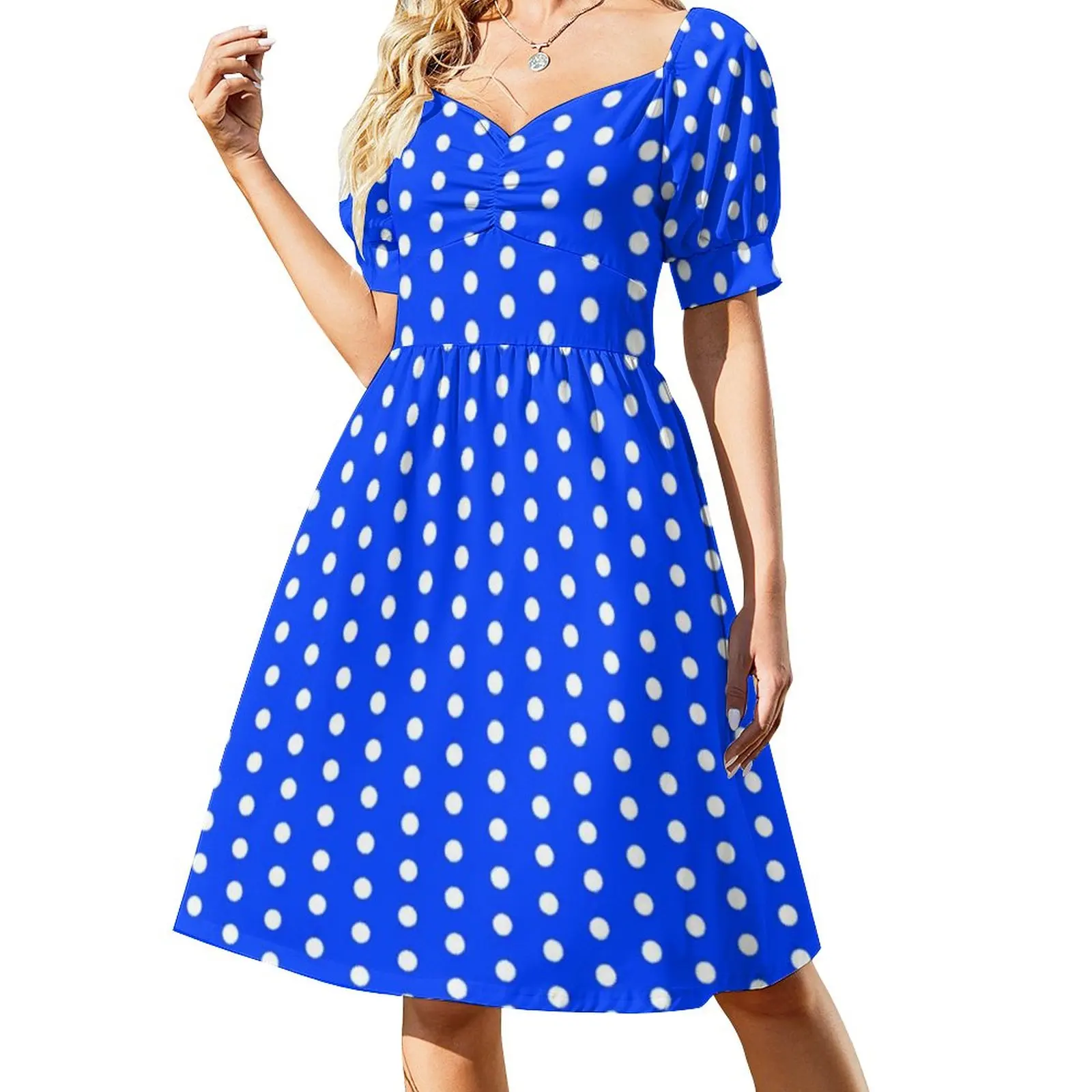 

Blue White Polka Dot Casual Dress Vintage Pattern Stylish Dresses Festival Dress Female V Neck Oversize Clothing