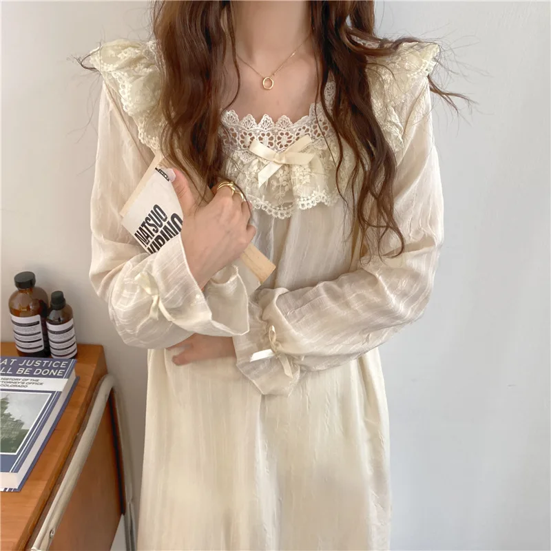 Qweek Women's Sleepwear Cotton Spring Nightgown Cute Bow Ruffles Princess Style Nighty for Ladies Sleepshirts Summer Mid Calf