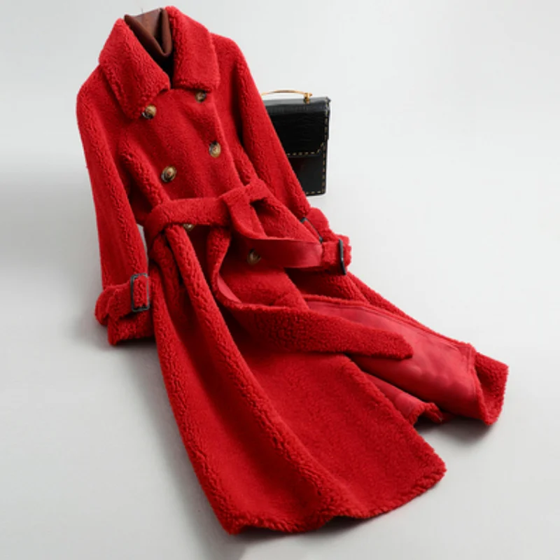 Winter Grainy Shearing Coat Ladies Wool Coat Ladies Elegant Double-breasted Long Fashion Warmth Ladies Casual Lambskin Coat