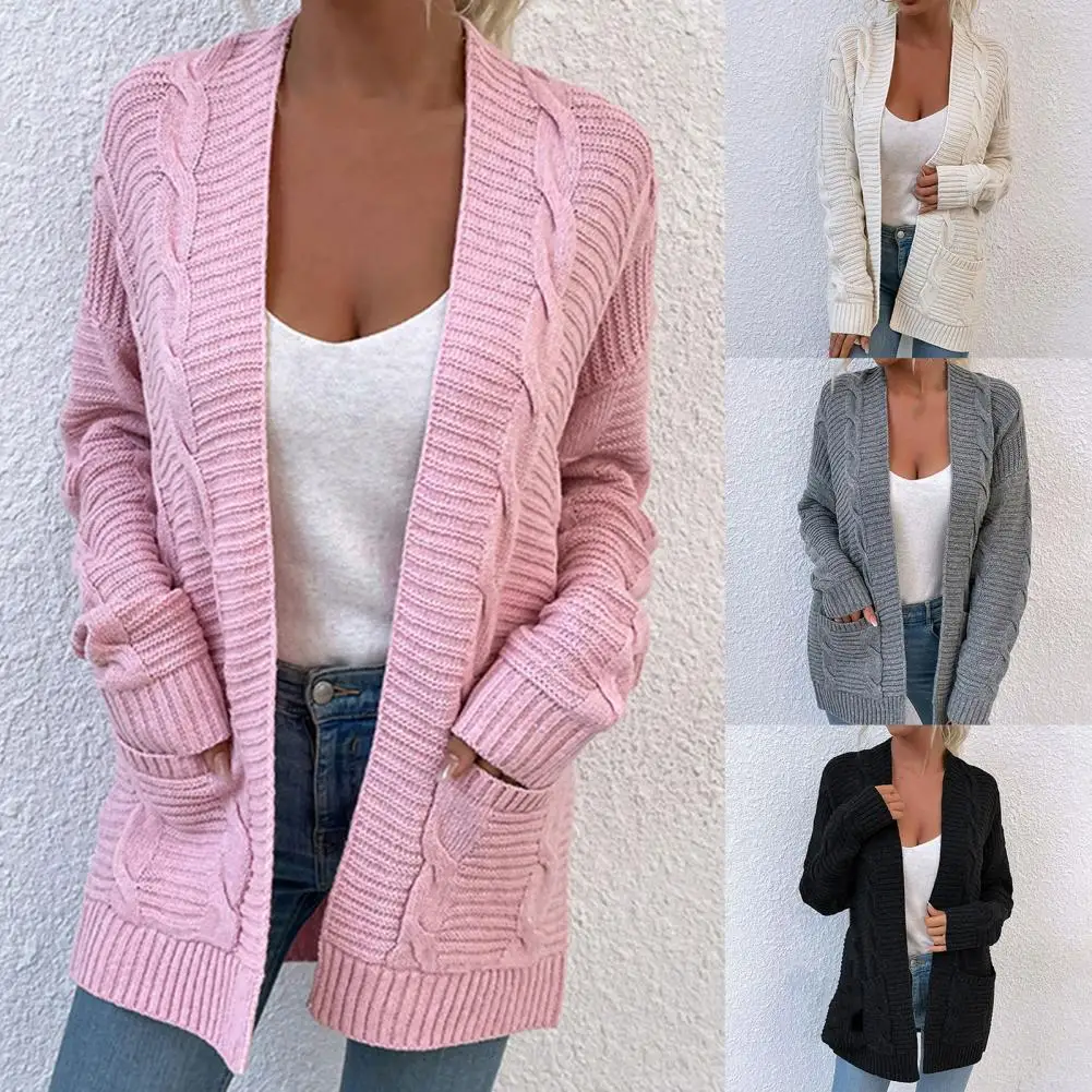 

Fashion Women's Cardigans Jumpers Open Front Long Sleeve Autumn Winter Two Pockets Twist Sweater Coat Female Casual Knitwear