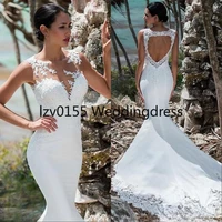 white lace appliqued illusion back boho wedding gowns robes de mari%c3%a9e sir%c3%a8ne long train open back mermaid bride dress