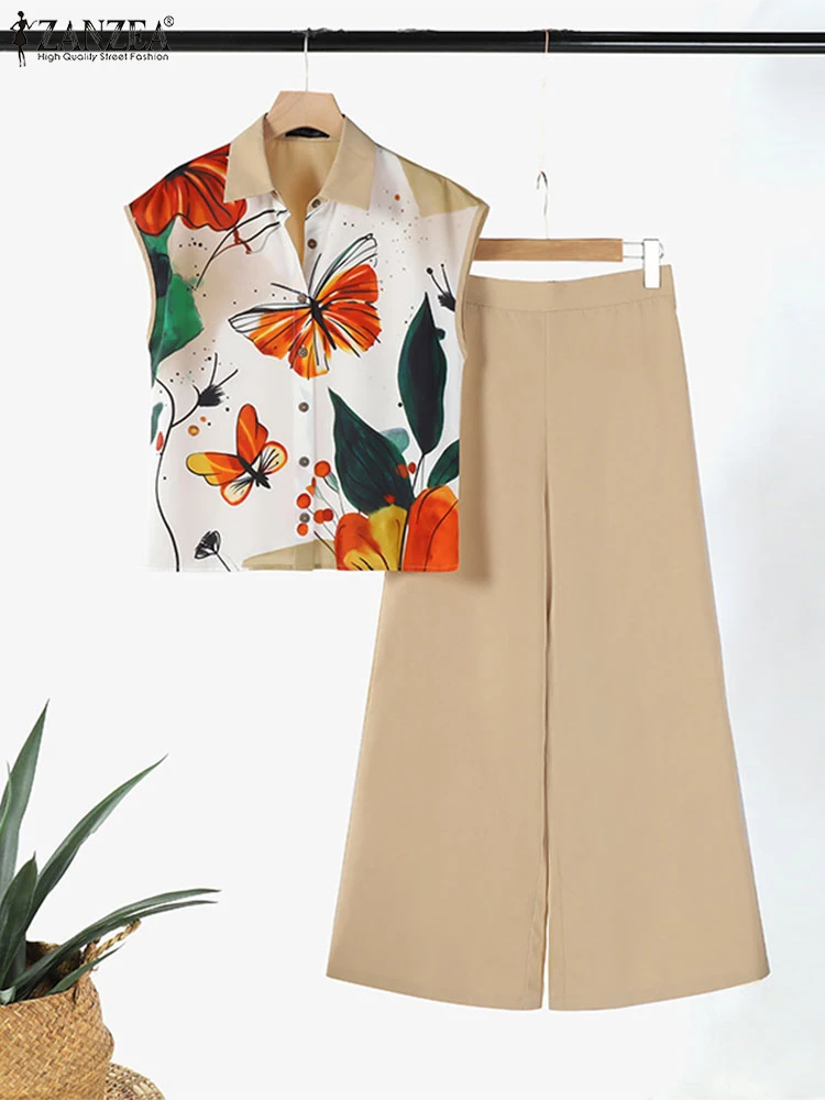 ZANZEA женские летние костюмы 2024 широкие брюки с принтом топ короткими рукавами