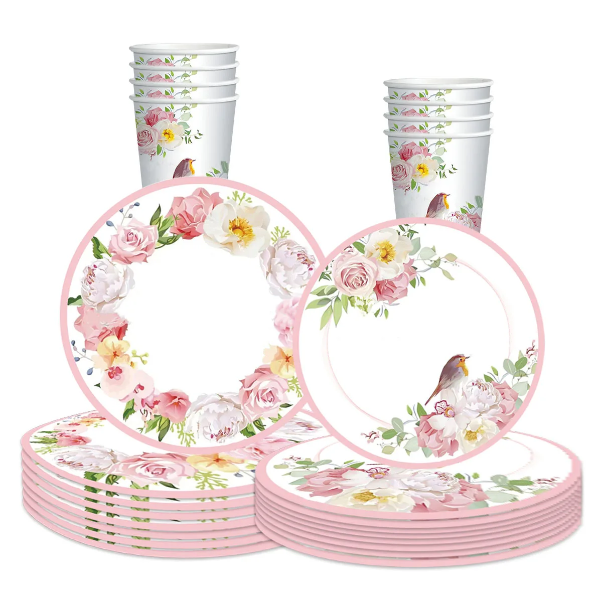 

8Guests Flower Pink Rose Bird Tableware Sets Tea Party Theme Napkins Paper Plates Cup Happy Girl Birthday Party Decor Babyshower