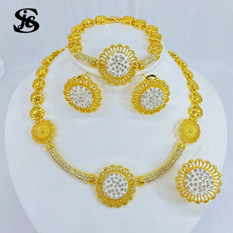 Dubai New Design Luxury Fashion Flower Shaped Gold Plated Rhinestone Jewelry Set For Women Wedding Party Daily Wear