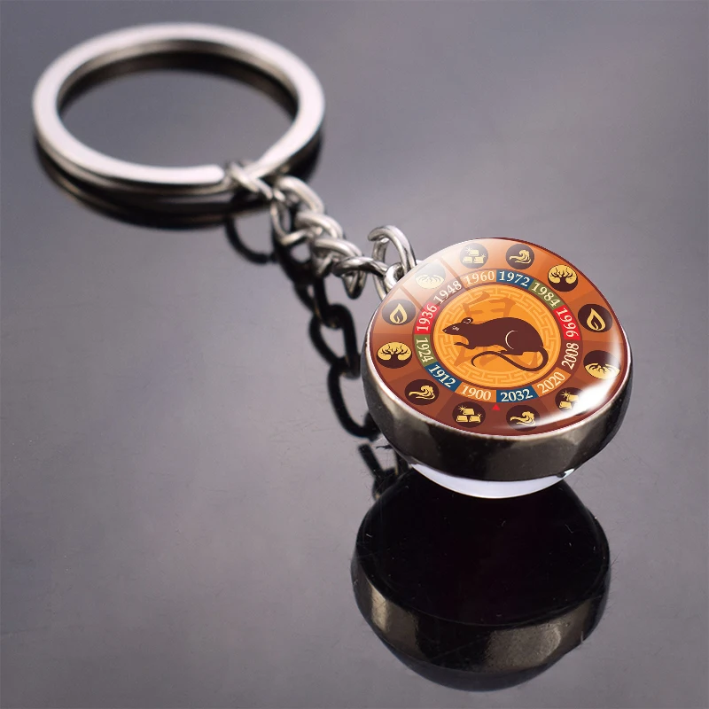 

China Traditional Culture 12 Chinese Zodiac Keychain Animal Zodiac Rat Ox Tiger Dragon Glass Ball Keyring for 2020 New Year Gift