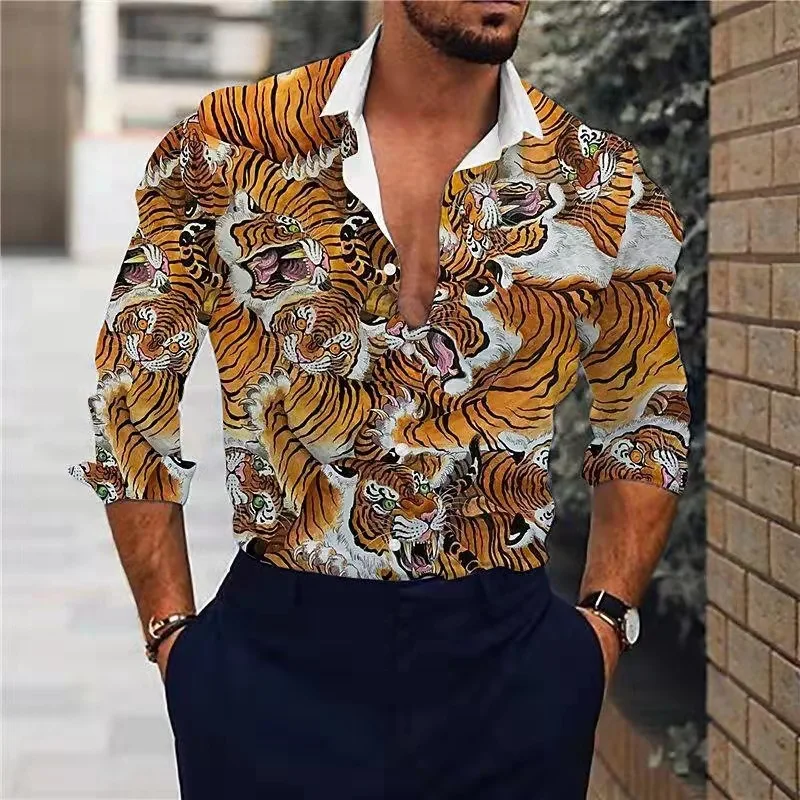 Luxury Social Men Shirts Turn-down Collar Buttoned Shirt Casual Tiger Print Long Sleeve Tops Men's Clothing Prom Party Cardigan