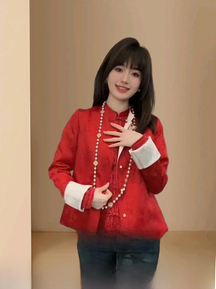 Новинка весны и осени 2024 новое китайское новогоднее красное короткое пальто