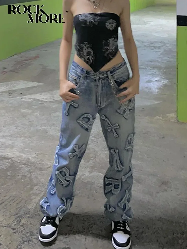 

Женские джинсы Rockmore в стиле пэчворк, уличная одежда, мешковатые прямые брюки-карго в стиле панк, с завышенной талией, широкие брюки из денима, в винтажном стиле 90-х