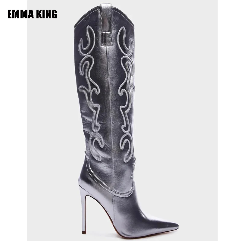 

Новинка 2023, Прошитые женские сапоги до колена в западном стиле на молнии, модные длинные сапоги на тонком высоком каблуке с острым носком, сапоги 44