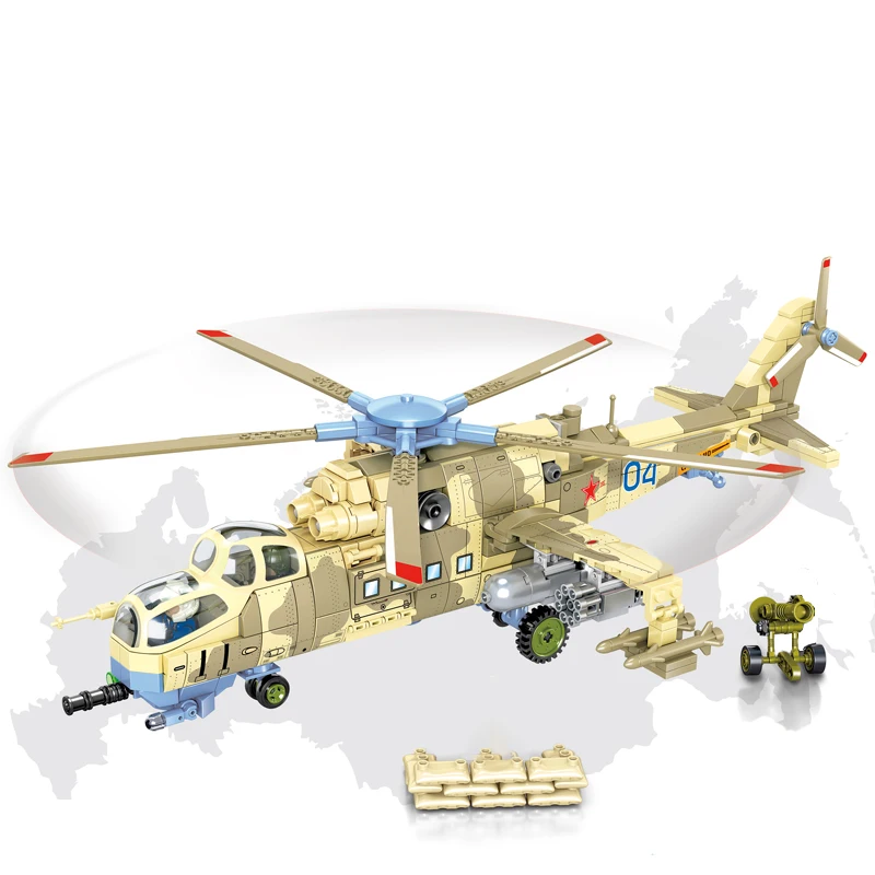 

Military King of Blocks Mi-24 Gunship Armed Helicopter WW2 Soldier Building Blocks Kit Bricks Classic Model Toys for Kids Gift