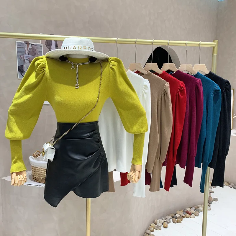 

New in Women's Clothing 2022 Winter Versatile half high collar puff long sleeve knitted Bottoming shirt pullover sweater top