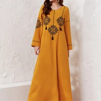 muslim women long dress embroidery floral round neck patchwork long sleeve loose pullover arabic spring fall ladies casual dress