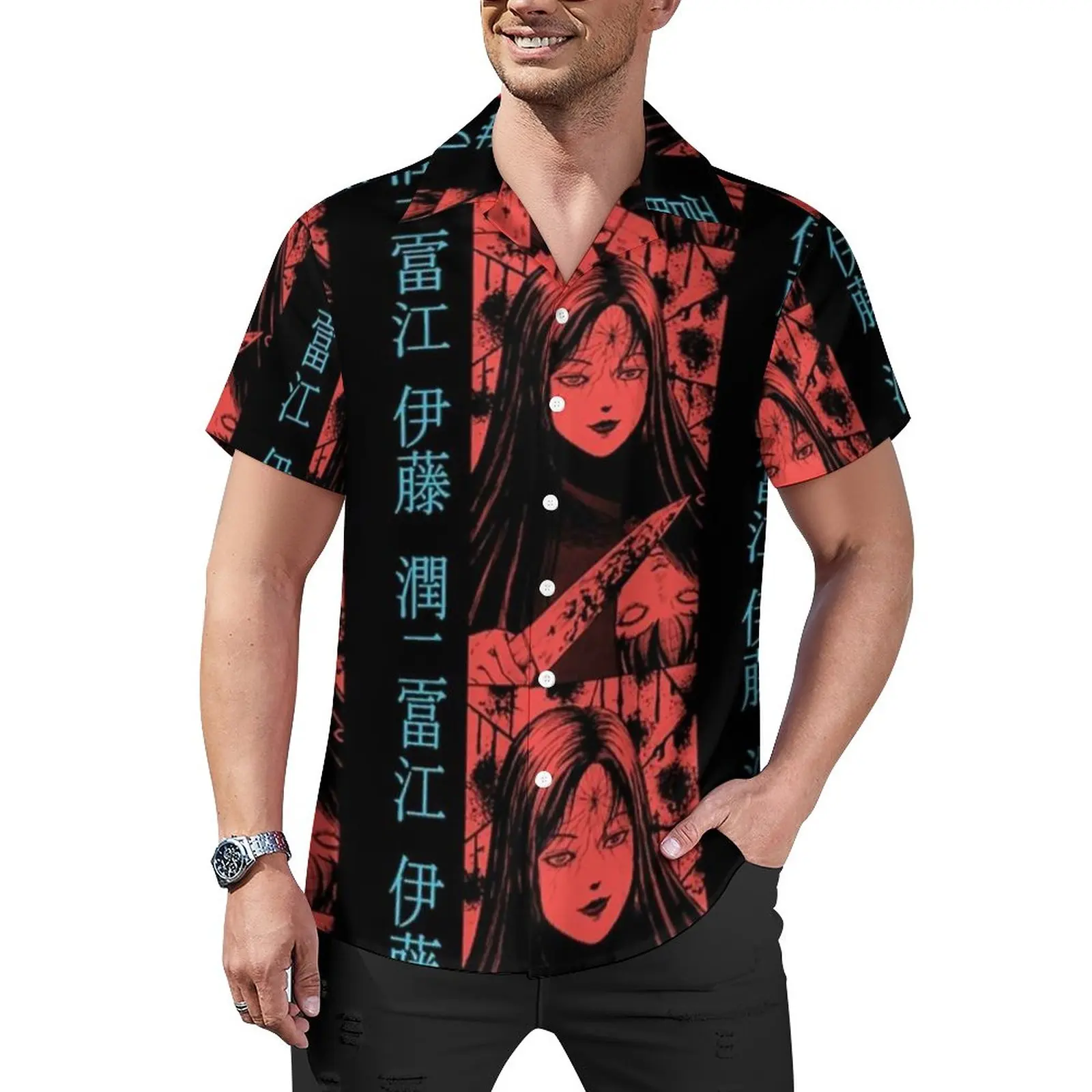 

Junji Ito Blouses Male Horror Japanese Cartoon Casual Shirts Hawaii Short-Sleeved Printed Cool Oversized Beach Shirt Gift Idea