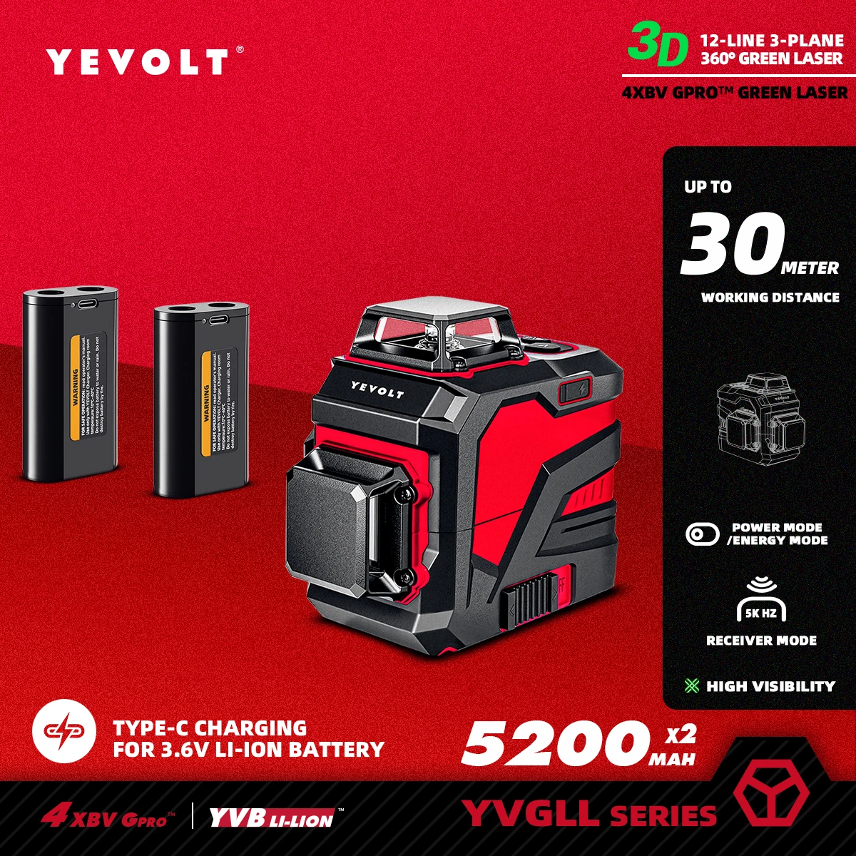 YEVOLT YVGLL4XS12 Полная раскладка 12-линейный лазерный уровень Smart Balance