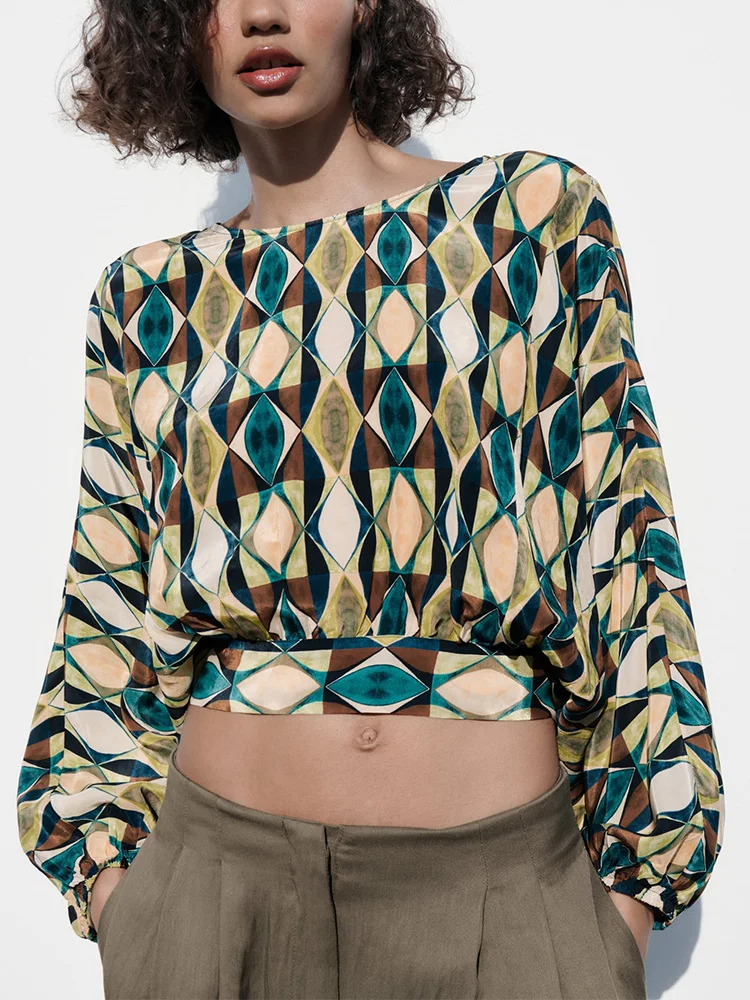 

Crop Tops For Women 2023 Fashion Vintage Geometric Print Blouse Round Neck Back Tie Hem Top Ladies Long Sleeve Cropped Blouses
