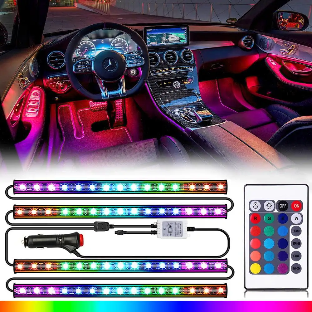 

New 48 LED Car Interior Ambient Foot Light with USB Wireless Remote Music App Control Auto RGB Atmosphere Decorative Lamps