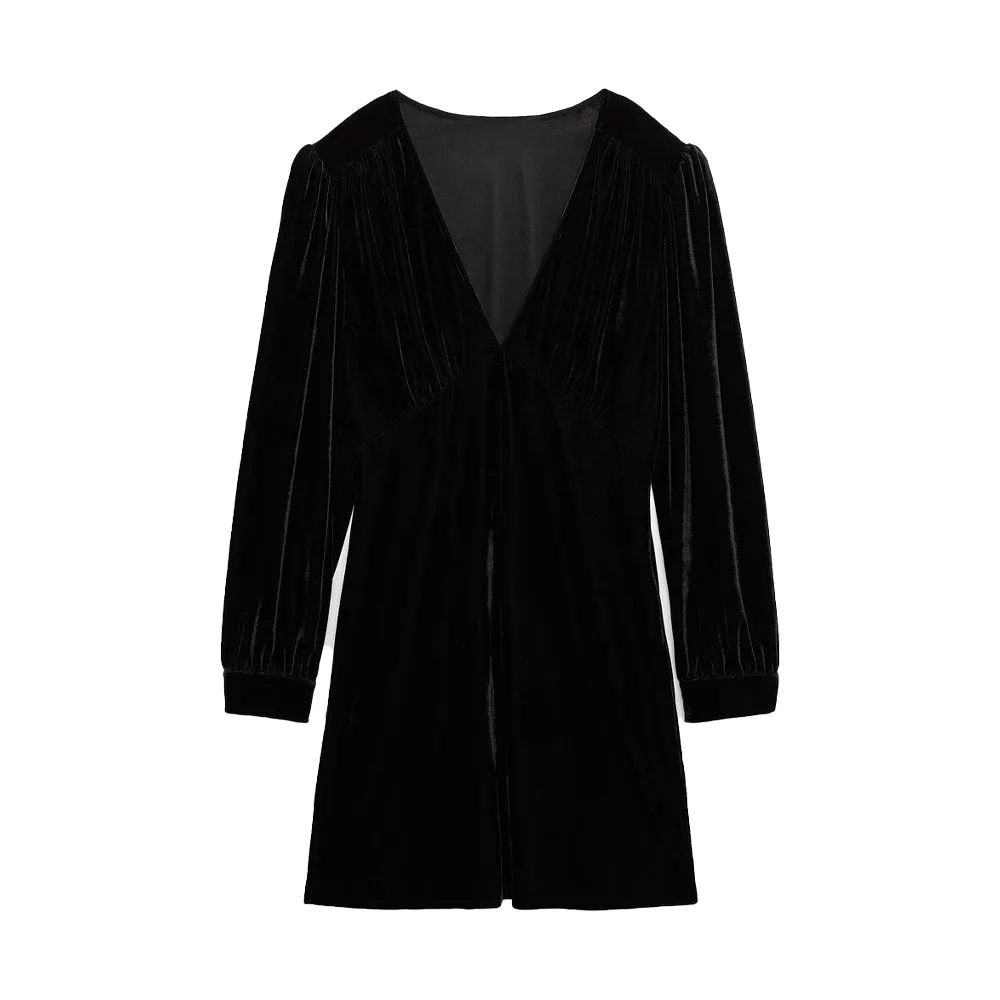 

Осеннее модное женское черное Плиссированное мини-платье с V-образным вырезом и длинным рукавом-пузырьком, с боковой молнией и замком