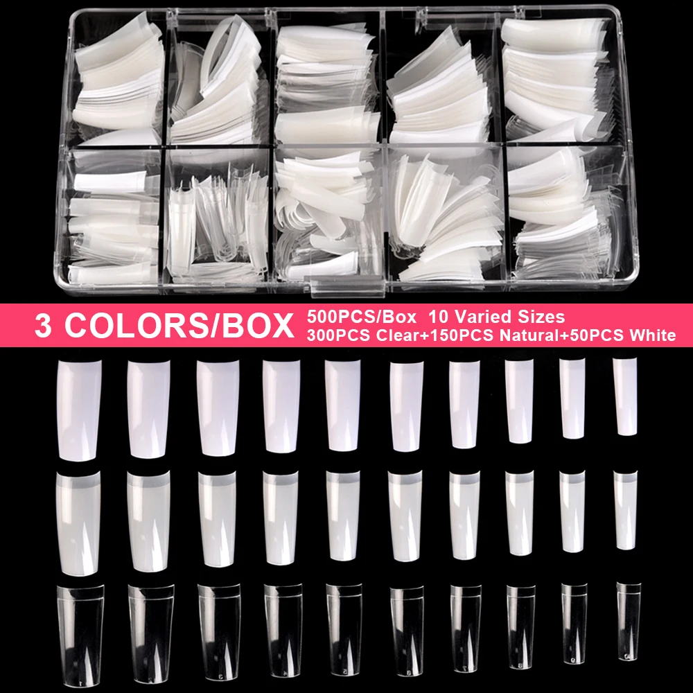 

500Pcs/Box Coffin False Nail Tips Clear Natural White In One Box 10 Sizes Half Cover Artificial Fake Nails DIY Manicure Tools