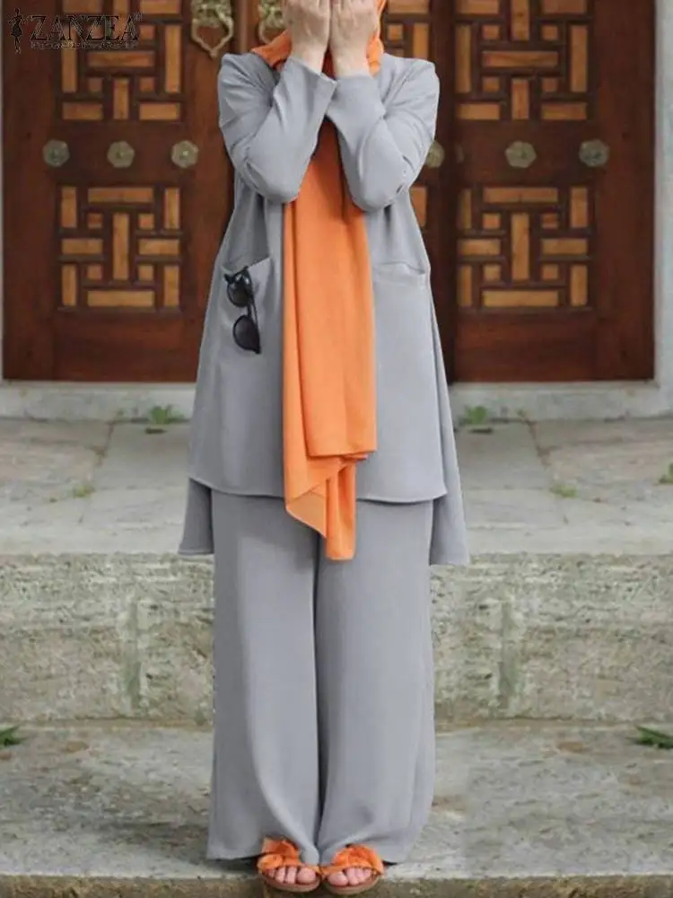 

ZANZEA Vintage Women 2PCS Casual Abaya Hijab Tracksuit Summer Long Sleeve Blouse Suits Loose Matching Sets Muslim Pant Sets