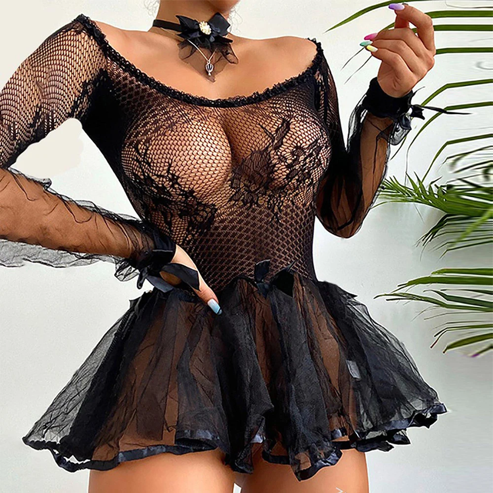 

Women Sexy Round Neck Bow Fishnet Nightdress Lingerie Ladies Solid Lace Ruffle Babydoll Sleepwear Sheer Nightwear S-2XL