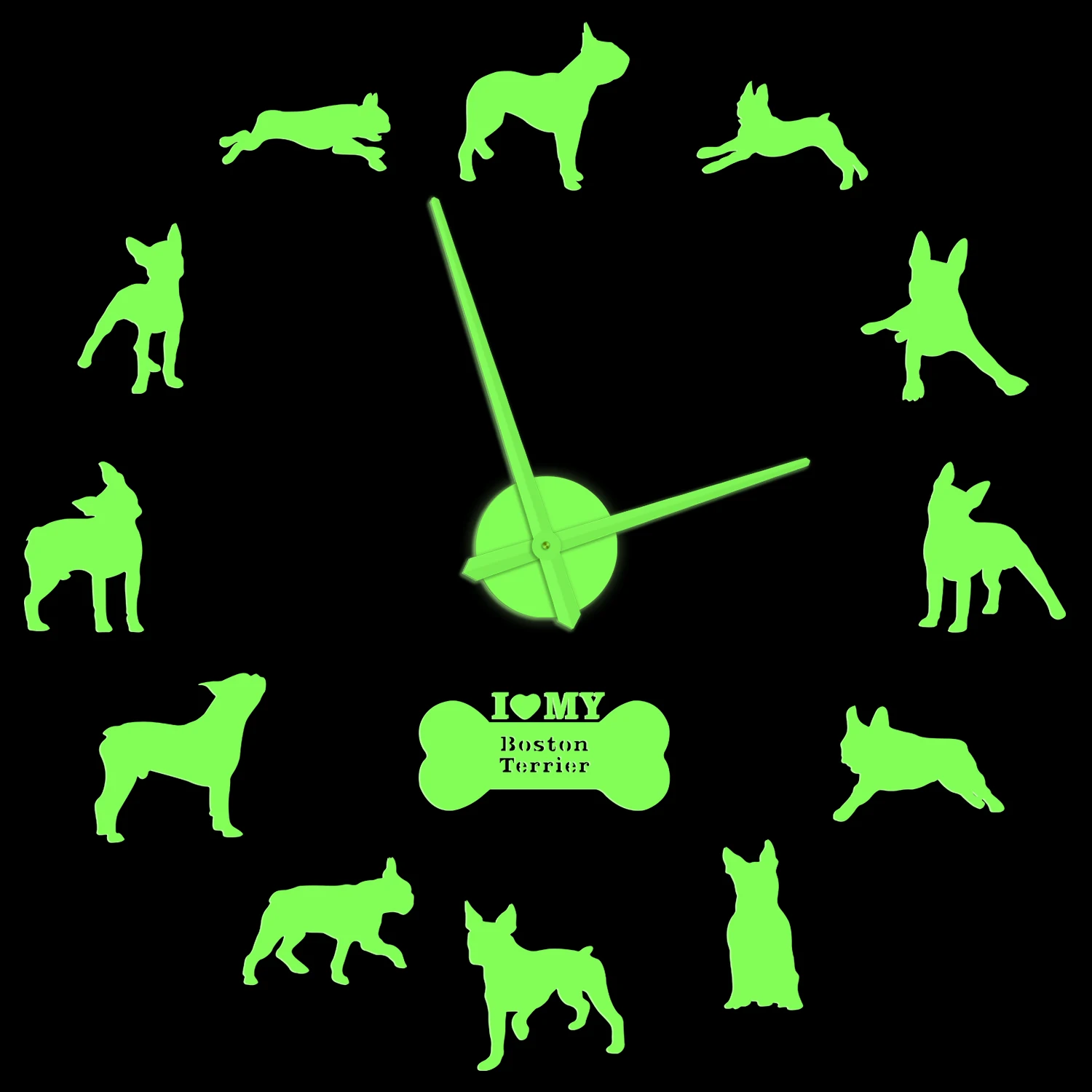 

Boston Terrier Dog Breed Frameless DIY Clock Glow in Dark For Living Room Wall Sticker Decor Boston Bull Terrier Puppy Big Watch