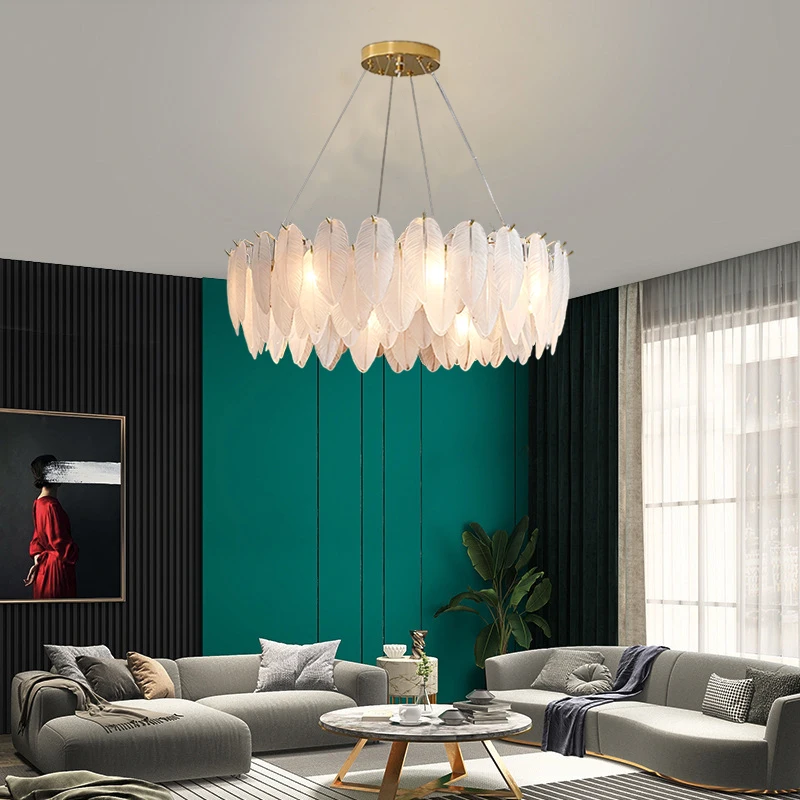 Скандинавская хрустальная лампа Потолочная люстра с перьями для гостиной