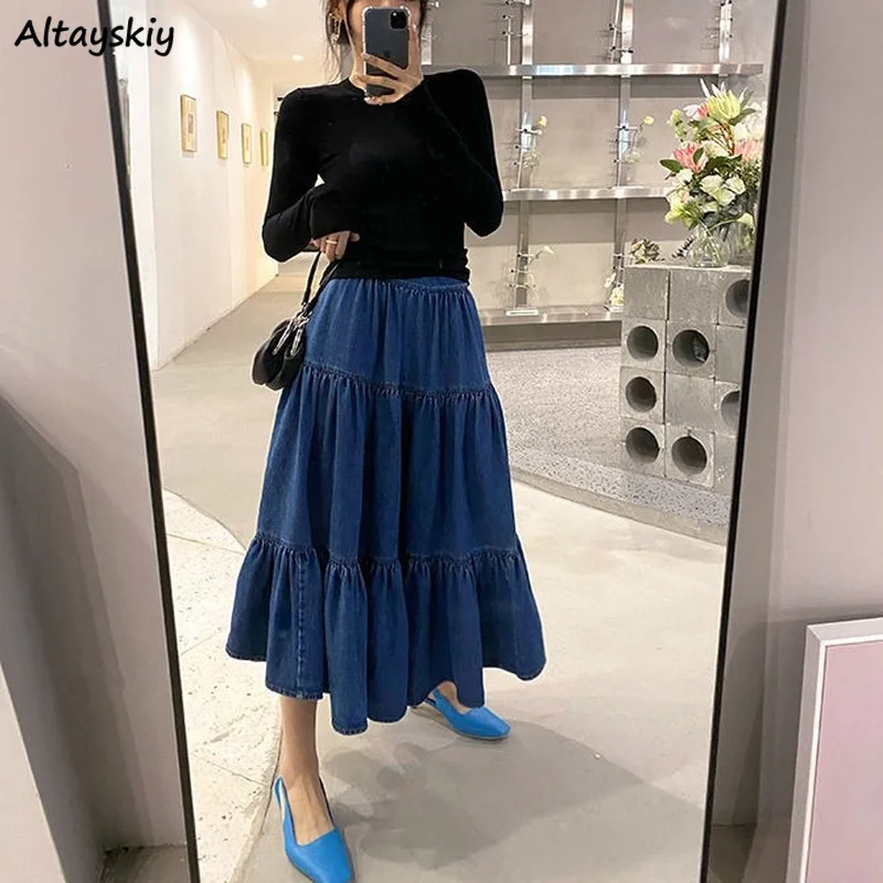 

Denim Skirts Women Mid-calf Folds S-5XL BF Cool Streetwear Trendy Gentle Simple Design Basic All-match Retro Sweet Mujer Faldas
